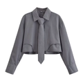 Dark gray long-sleeve cropped shirt with matching tie, minimalist studio flat lay - XS / Space Gray