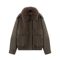 Giacca vintage in pelle PU marrone da donna con collo di pelliccia e doppie tasche - verde oliva / XS