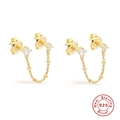 S925 sterling silver chain stud earrings with zircon and pearls in gold finish - Double Zirconia Style / Gold
