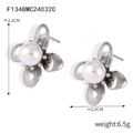 Silver texture floral stud earrings with pearl inlay and detailed size measurements - F1348-Smooth 4-Petal Flower / Steel