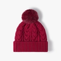 Gorro de punto trenzado rojo oscuro para mujer con pompón grande y forro polar térmico - Talla única / Burdeos