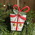 White Christmas gift box ornament with red ribbon, golden berries, and bells, 9cm x 5.5cm - Red & White Gift Box