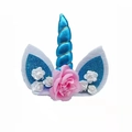 Unicorn taarttopper met blauwe glitterhoorn en roze bloemen voor verjaardagsfeest - Blauw