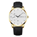 Detail of quartz watch with gold case, white dial, and black leather strap with date - Black Strap Gold Case White Dial