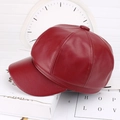 Detailed close-up of dark red PU leather baker boy hat showing premium grain texture - One Size 58cm / Red Leather Octagonal Hat