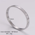 Detail of 6mm silver stainless steel bangle with engraved Roman numerals and dimensions - Women's Steel Color