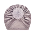 Plush mauve velvet baby turban hat with a large faux fur pompom on a white background - One Size / Gray