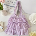 Detail of light purple floral tote bag with ruffled pleats and small flower patterns - Floral Purple