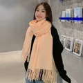 Thick solid goose yellow cashmere scarf with fringes for women, warm winter neck wrap - 300g Wool Blend Style / Goose Yellow