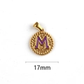 17mm golden stainless steel round pendant with purple enamel letter M and hammered texture - M