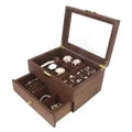 Boîte à montres en noyer à deux niveaux avec couvercle en verre et tiroir de rangement - 4+2 Boîte À Bijoux De Montre En Bois À Double Couche/Intérieur Café