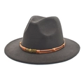 Detail of grey wool fedora hat featuring a brown leather strap and skull metal buckle - M (56-58cm) / Dark Gray