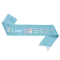 Sparkling blue 'It's my BIRTHDAY' sash with holographic lettering for party decor - JD48 / Holographic Lake Blue