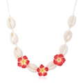 Collar de conchas bohemio con flores de frangipani rojas y amarillas en cordón - Rojo