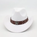 Classic white felt cowboy hat featuring brown leather band and vintage silver star badge - One Size / White