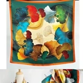 Square silk scarf with colorful ginkgo leaf pattern on dark green base and orange border - Ginkgo Leaf Scarf / 65