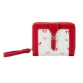 Red and white bow pattern short zipper wallet with gold buckle and wrist strap - Red