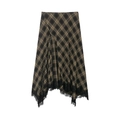 Women's asymmetrical plaid midi skirt with black lace trim and vintage brown check pattern - XS / Brown & Black Plaid