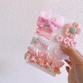 Detailed set of pink floral bow hair clips and scrunchies for girls on a card - Pink - 9Pcs Set (With Card)