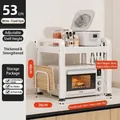 White double-layer metal microwave rack with 6 hooks and side cutting board holder - 2-Tier Fixed-53cm-Cream White-With Cutting Board Rack