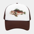 Detail einer Trucker-Cap mit farbigem Fisch-Print auf weißem Panel und braunem Mesh - Braun Weiß Tropenfisch (1#色)
