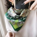 Floral print satin square scarf in green and orange featuring a botanical pattern - Green Flowerbed Scarf / 65