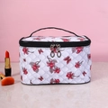 White quilted makeup bag with red floral and butterfly print and black handle - White Flower