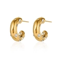 Gold plated chunky C-shaped hoop earrings with inlaid white zircons in a vintage style - Gold/White Zirconia