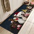 Detail of Christmas runner rug featuring five cute dogs in festive hats on deep blue background - FXD250 (Christmas Pets)