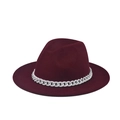 Detail view of burgundy wool felt boater hat featuring a decorative white chunky chain link - Adult 57-60cm / Burgundy with White Chain