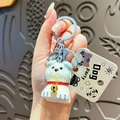 Cute white puppy resin keychain with red collar and blue metal lobster clasp for bags - Wood Carving Style Dog - White