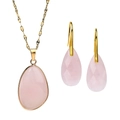 Pink rose quartz jewelry set with gold-plated waterdrop necklace and matching earrings - Rose Quartz