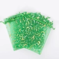 Detail of green mesh jewelry bags with gold foil star and moon patterns and drawstring - Star Moon Ribbon/Grass Green