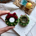 Christmas wreath brooch with green plush pine, red velvet bow, and golden bell detail - Large Thick Wreath Ring Brooch / Approx 4.5cm