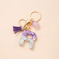 Letter R alphabet keychain with purple sequins, faux suede tassel and gold lobster clasp - Letter R