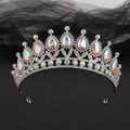Silver bridal crown featuring iridescent waterdrop crystals and leaf leaf pattern design - Silver Iridescent