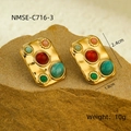 Vintage golden earrings set with colorful natural stones in a bohemian square design - Stud Earrings-Multicolor Stone(NMSE-C716-3) / Gold