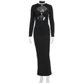 Detail of sexy cutout bodice with gold metal buckles on a slim black long dress - S / Black
