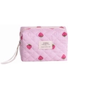 Pink striped quilted makeup bag with strawberry patterns and a side carry handle - Pillow Bag / Pink Strawberry Pillow Bag
