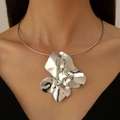 Irregular silver flower pendant choker necklace with a vintage metallic pleated finish - Silver Abstract Flower Choker (6366)