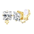 Detail of gold clip-on earrings with square white gemstones and silicone comfort pads - Gold Square Gem