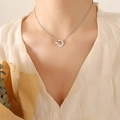 Silver Roman numeral double ring necklace with zircon inlay on female model - P150-Silver/Steel Necklace-40+5cm