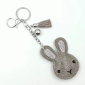 Grey velvet rabbit keychain with sparkling rhinestones, matching tassel and silver bell - Gray