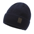 Bonnet tricoté d'hiver bleu marine avec doublure polaire épaisse et écusson en cuir - Taille unique / Bleu marine