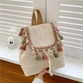 Mochila bohemia de paja blanco roto con flecos de borlas de colores y cordón - Borla Blanco Roto