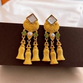 Vintage gold tassel earrings featuring green gemstones and a central pearl accent - Golden Square Pearl Style (8# Silver Needle)