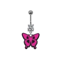 Detail van roze vlinder navelpiercing met zilveren staafje en glanzende zirkonia steen - Roze Vlinder