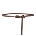 Elegant thin brown leather belt for women with a gold oval buckle on white background - Coffee