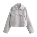Close-up of grey wool blend cropped jacket featuring large flap pockets and metal zipper - XS / Light Gray