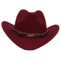 Chapeau de cowboy rouge foncé avec ruban tressé marron et épingle en plume dorée - M (56-58cm) / Cowboy Bourgogne (Plume Dorée)